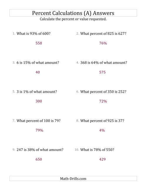 The Mixed Percent Problems with Whole Number Amounts and All Percents (A) Math Worksheet Page 2