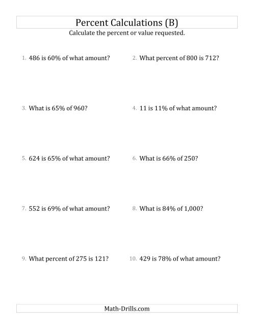 The Mixed Percent Problems with Whole Number Amounts and All Percents (B) Math Worksheet
