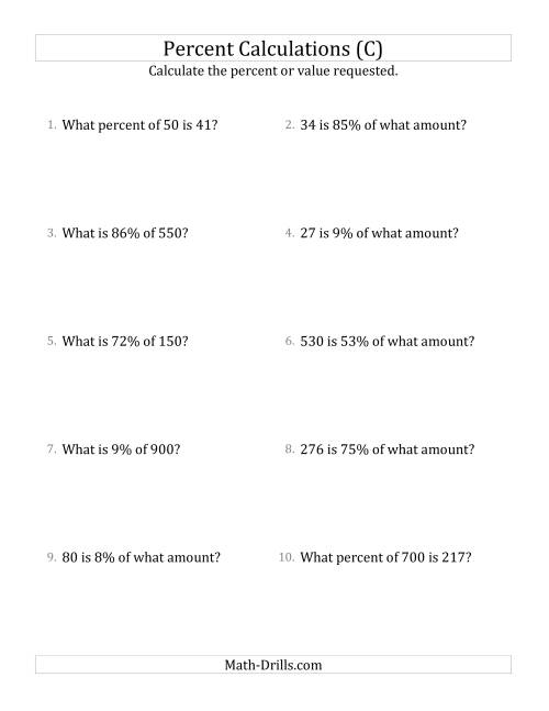 The Mixed Percent Problems with Whole Number Amounts and All Percents (C) Math Worksheet