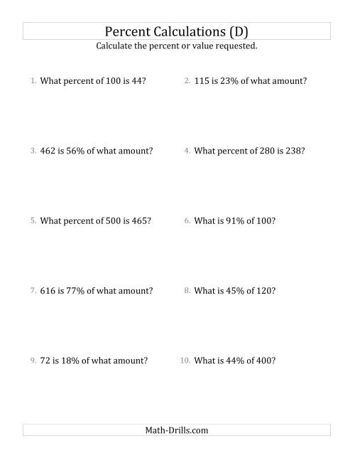The Mixed Percent Problems with Whole Number Amounts and All Percents (D) Math Worksheet