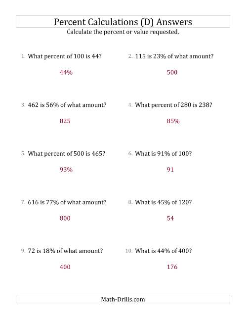 The Mixed Percent Problems with Whole Number Amounts and All Percents (D) Math Worksheet Page 2