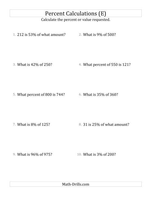The Mixed Percent Problems with Whole Number Amounts and All Percents (E) Math Worksheet