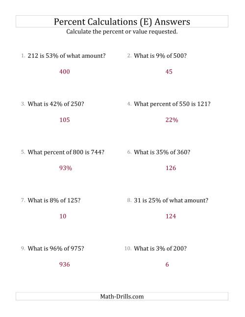 The Mixed Percent Problems with Whole Number Amounts and All Percents (E) Math Worksheet Page 2