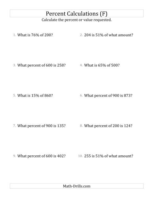 The Mixed Percent Problems with Whole Number Amounts and All Percents (F) Math Worksheet