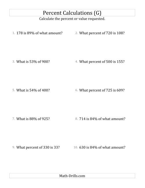 The Mixed Percent Problems with Whole Number Amounts and All Percents (G) Math Worksheet