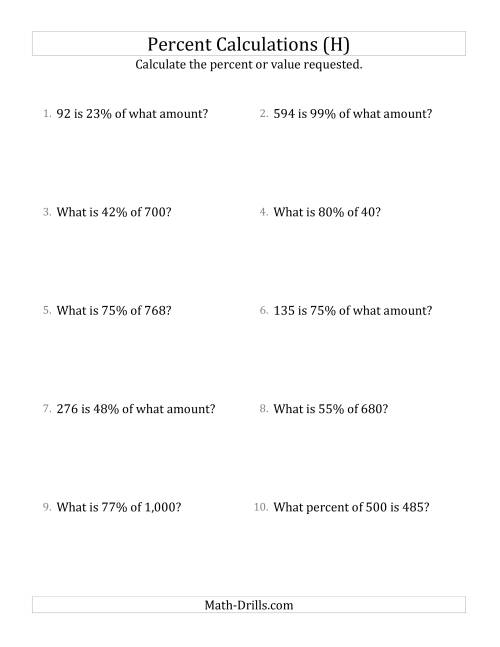 The Mixed Percent Problems with Whole Number Amounts and All Percents (H) Math Worksheet