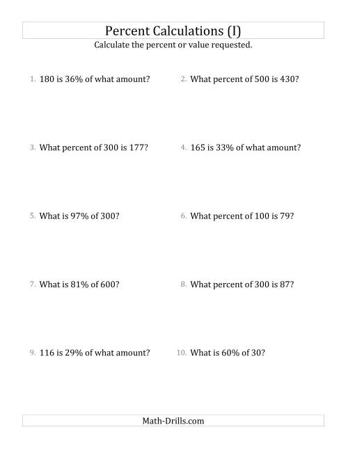 The Mixed Percent Problems with Whole Number Amounts and All Percents (I) Math Worksheet