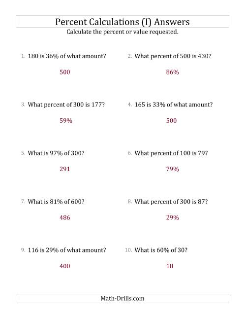 The Mixed Percent Problems with Whole Number Amounts and All Percents (I) Math Worksheet Page 2