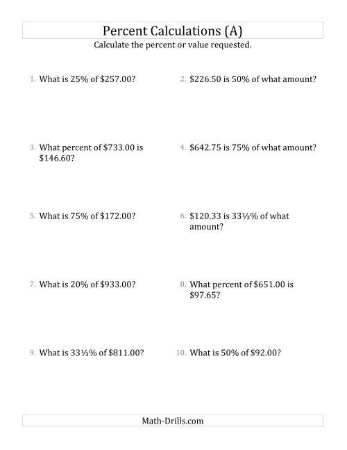 The Mixed Percent Problems with Decimal Currency Amounts and Select Percents (A) Math Worksheet