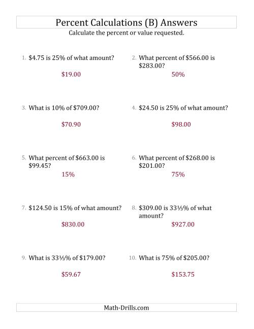 The Mixed Percent Problems with Decimal Currency Amounts and Select Percents (B) Math Worksheet Page 2