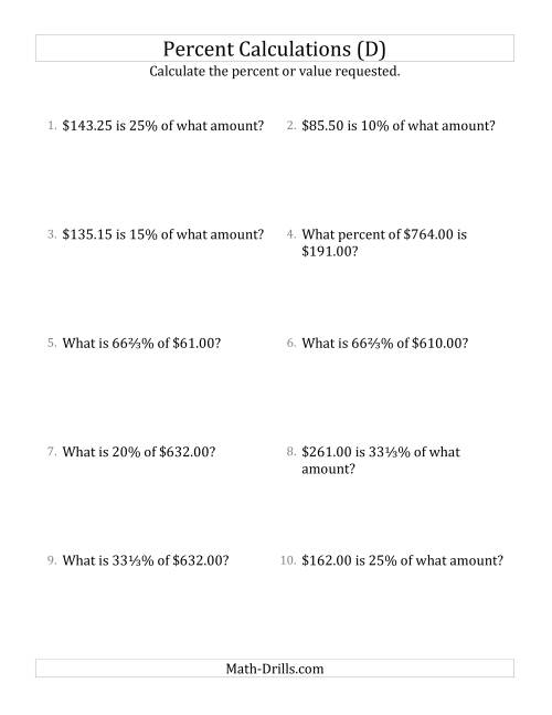 The Mixed Percent Problems with Decimal Currency Amounts and Select Percents (D) Math Worksheet