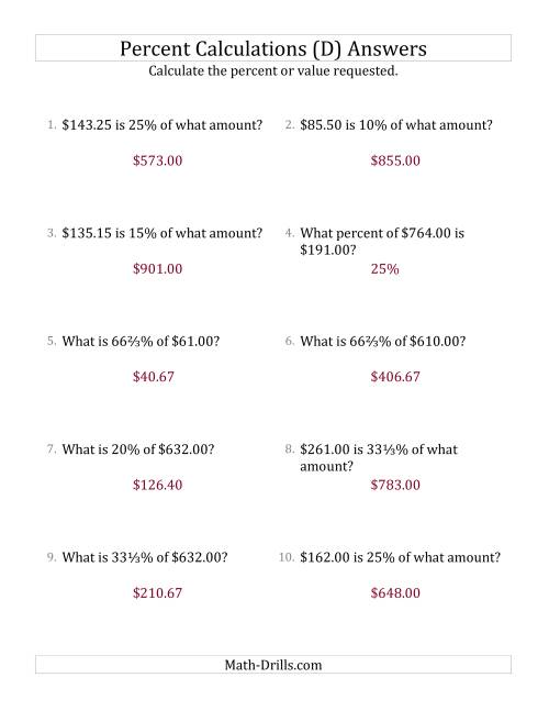 The Mixed Percent Problems with Decimal Currency Amounts and Select Percents (D) Math Worksheet Page 2