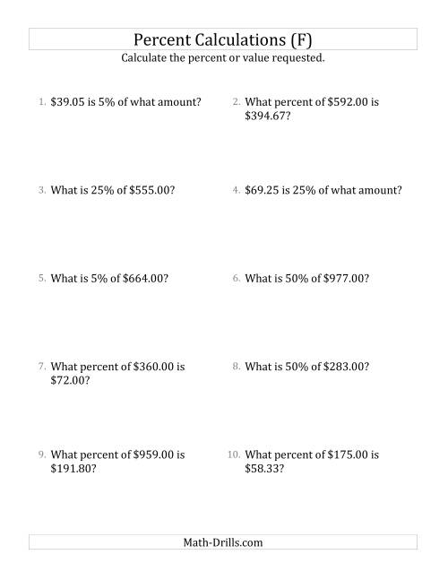 The Mixed Percent Problems with Decimal Currency Amounts and Select Percents (F) Math Worksheet