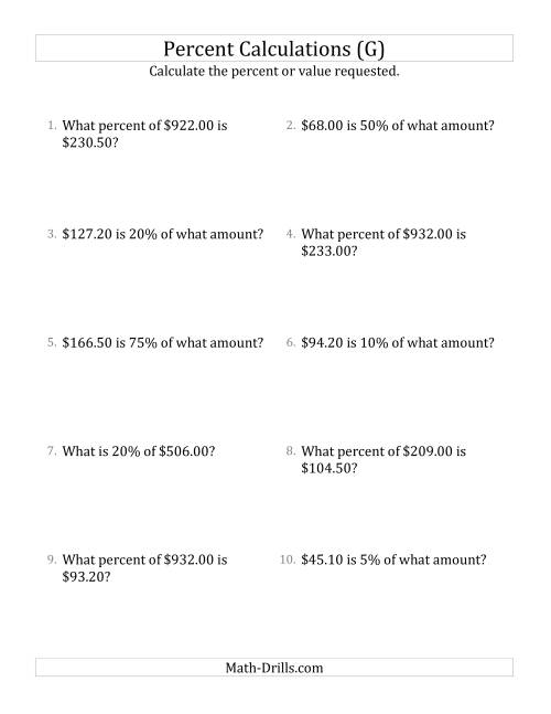 The Mixed Percent Problems with Decimal Currency Amounts and Select Percents (G) Math Worksheet