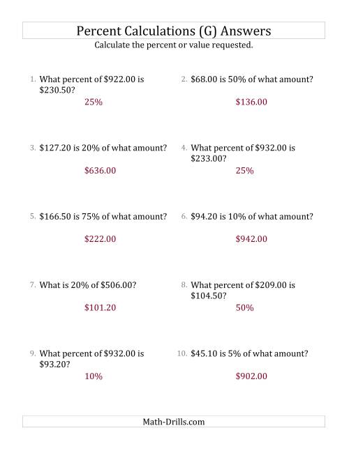 The Mixed Percent Problems with Decimal Currency Amounts and Select Percents (G) Math Worksheet Page 2