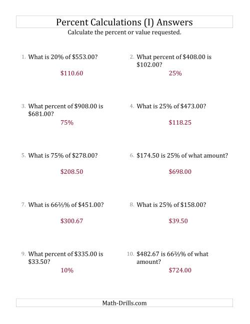 The Mixed Percent Problems with Decimal Currency Amounts and Select Percents (I) Math Worksheet Page 2