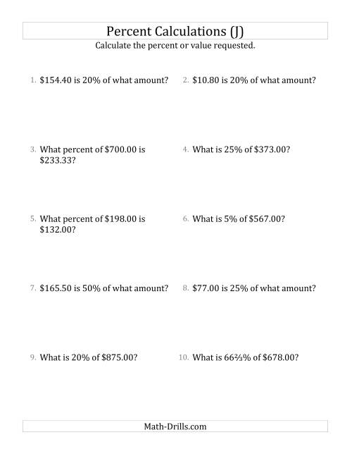 The Mixed Percent Problems with Decimal Currency Amounts and Select Percents (J) Math Worksheet