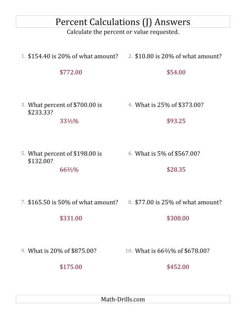 The Mixed Percent Problems with Decimal Currency Amounts and Select Percents (J) Math Worksheet Page 2