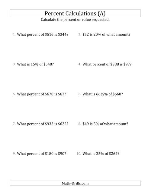 The Mixed Percent Problems with Whole Number Currency Amounts and Select Percents (A) Math Worksheet