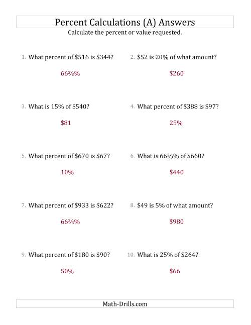 The Mixed Percent Problems with Whole Number Currency Amounts and Select Percents (A) Math Worksheet Page 2
