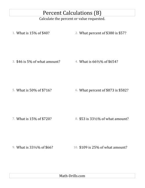 The Mixed Percent Problems with Whole Number Currency Amounts and Select Percents (B) Math Worksheet