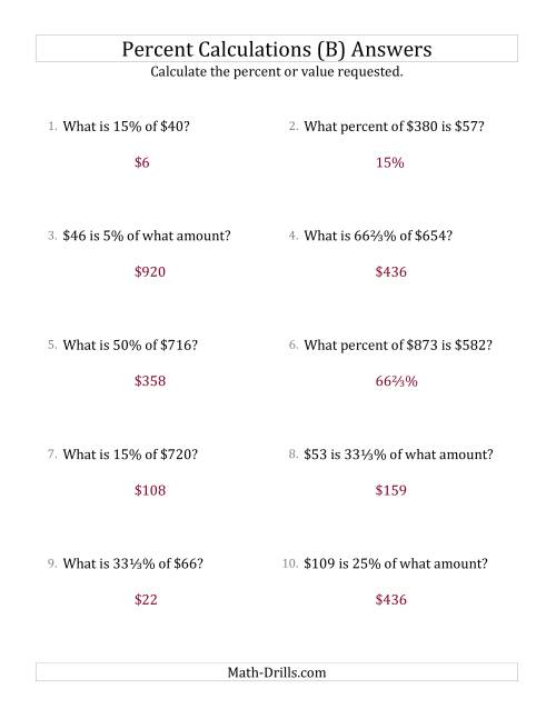 The Mixed Percent Problems with Whole Number Currency Amounts and Select Percents (B) Math Worksheet Page 2