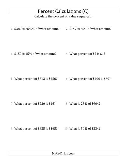 The Mixed Percent Problems with Whole Number Currency Amounts and Select Percents (C) Math Worksheet