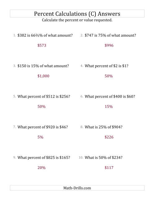The Mixed Percent Problems with Whole Number Currency Amounts and Select Percents (C) Math Worksheet Page 2