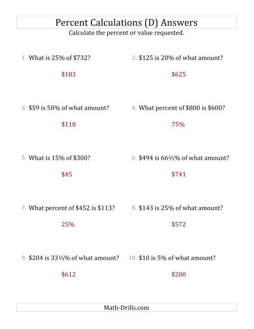 The Mixed Percent Problems with Whole Number Currency Amounts and Select Percents (D) Math Worksheet Page 2