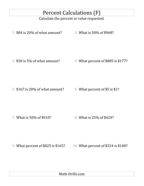 The Mixed Percent Problems with Whole Number Currency Amounts and Select Percents (F) Math Worksheet