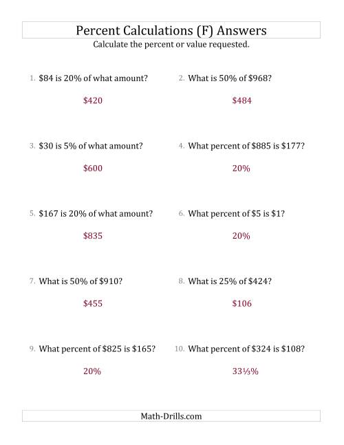 The Mixed Percent Problems with Whole Number Currency Amounts and Select Percents (F) Math Worksheet Page 2