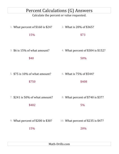 The Mixed Percent Problems with Whole Number Currency Amounts and Select Percents (G) Math Worksheet Page 2