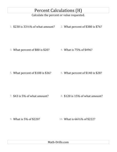 The Mixed Percent Problems with Whole Number Currency Amounts and Select Percents (H) Math Worksheet