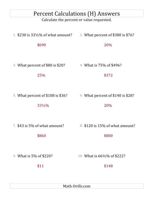 The Mixed Percent Problems with Whole Number Currency Amounts and Select Percents (H) Math Worksheet Page 2
