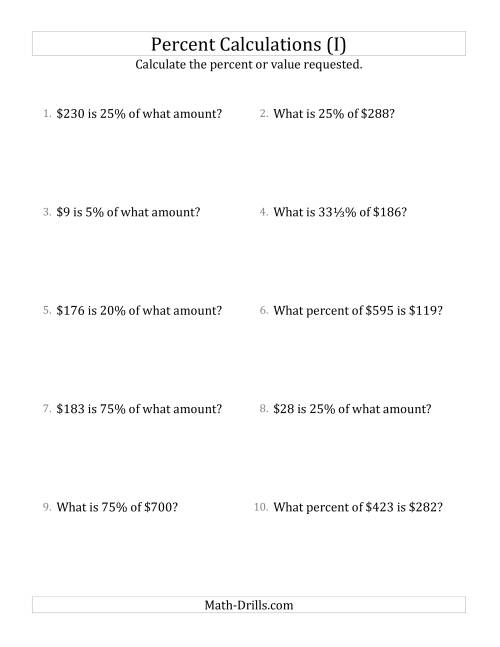 The Mixed Percent Problems with Whole Number Currency Amounts and Select Percents (I) Math Worksheet