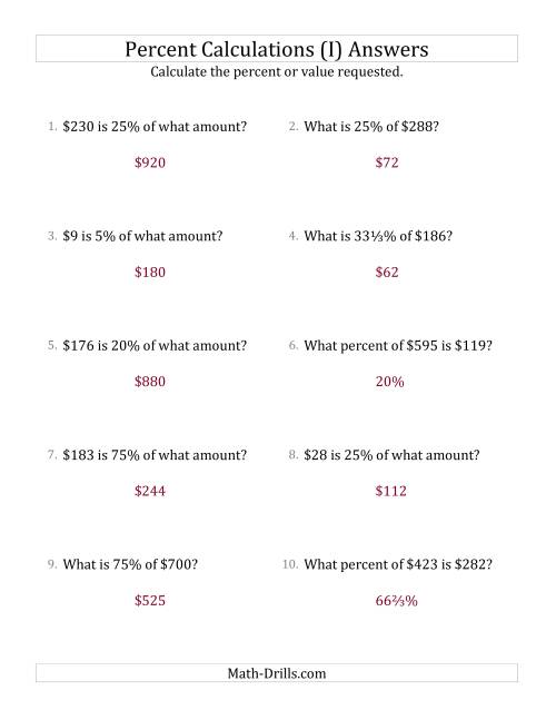 The Mixed Percent Problems with Whole Number Currency Amounts and Select Percents (I) Math Worksheet Page 2