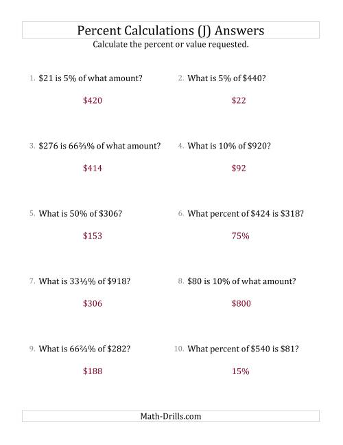 The Mixed Percent Problems with Whole Number Currency Amounts and Select Percents (J) Math Worksheet Page 2