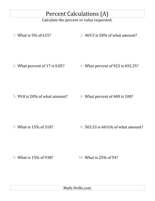 The Mixed Percent Problems with Decimal Amounts and Select Percents (A) Math Worksheet