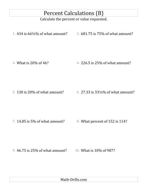 The Mixed Percent Problems with Decimal Amounts and Select Percents (B) Math Worksheet