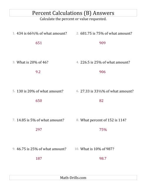 The Mixed Percent Problems with Decimal Amounts and Select Percents (B) Math Worksheet Page 2