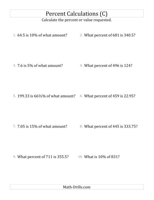 The Mixed Percent Problems with Decimal Amounts and Select Percents (C) Math Worksheet