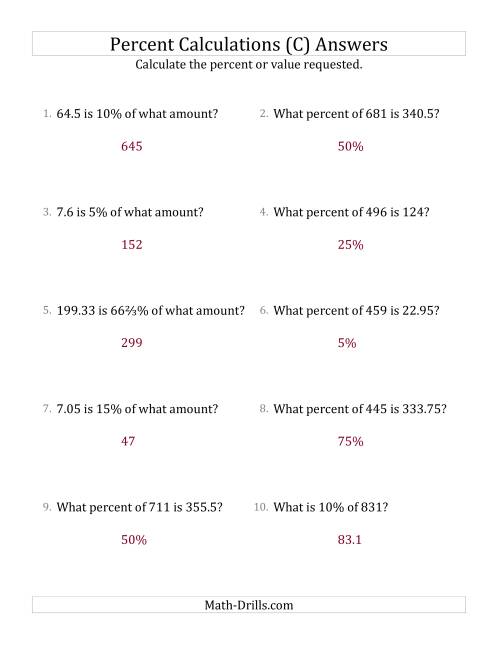 The Mixed Percent Problems with Decimal Amounts and Select Percents (C) Math Worksheet Page 2