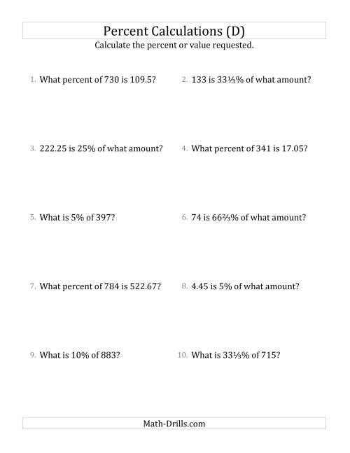 The Mixed Percent Problems with Decimal Amounts and Select Percents (D) Math Worksheet