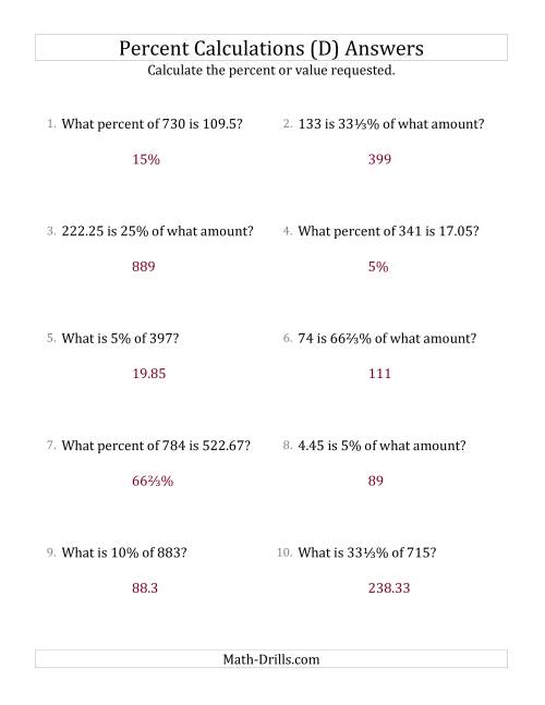 The Mixed Percent Problems with Decimal Amounts and Select Percents (D) Math Worksheet Page 2