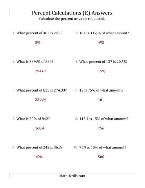 The Mixed Percent Problems with Decimal Amounts and Select Percents (E) Math Worksheet Page 2