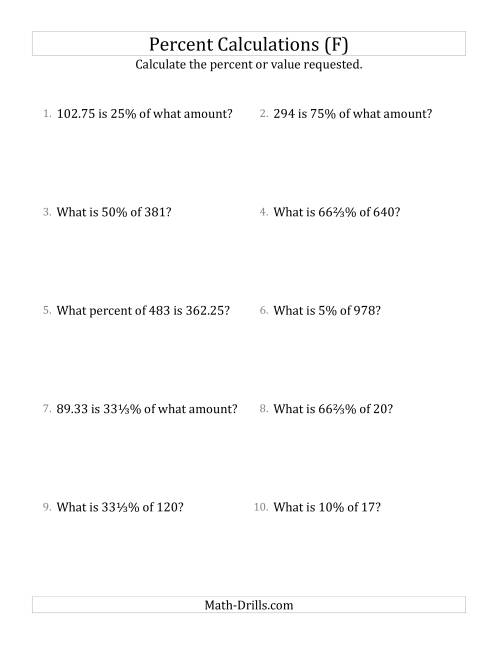 The Mixed Percent Problems with Decimal Amounts and Select Percents (F) Math Worksheet