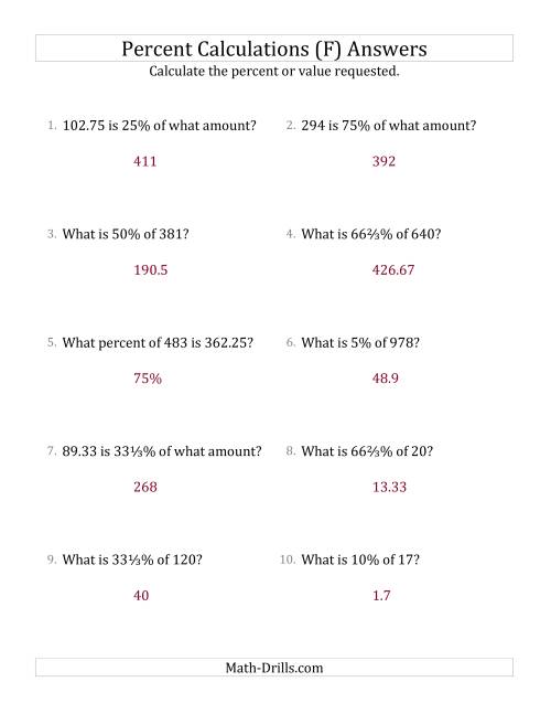 The Mixed Percent Problems with Decimal Amounts and Select Percents (F) Math Worksheet Page 2