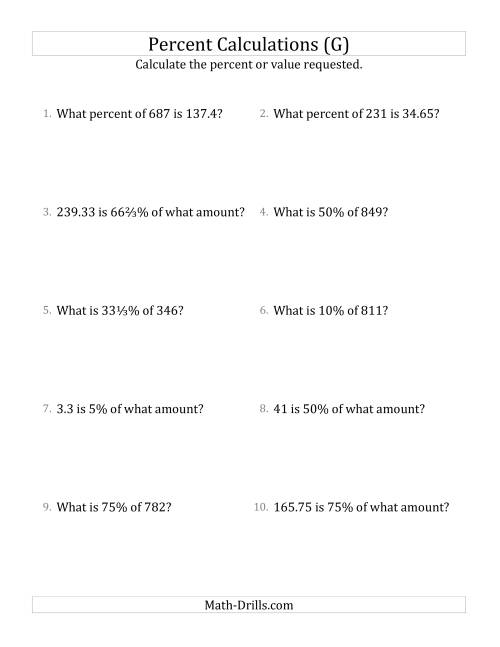 The Mixed Percent Problems with Decimal Amounts and Select Percents (G) Math Worksheet