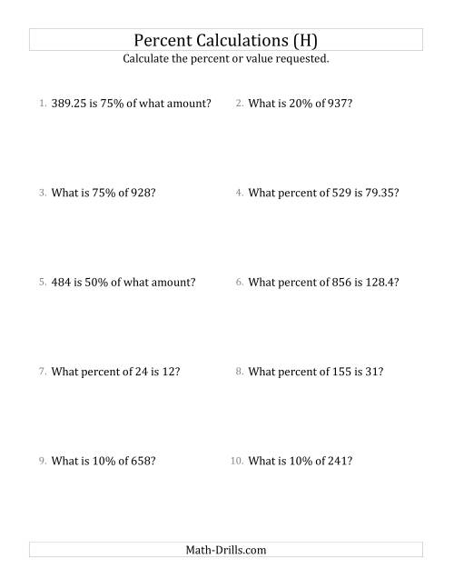 The Mixed Percent Problems with Decimal Amounts and Select Percents (H) Math Worksheet