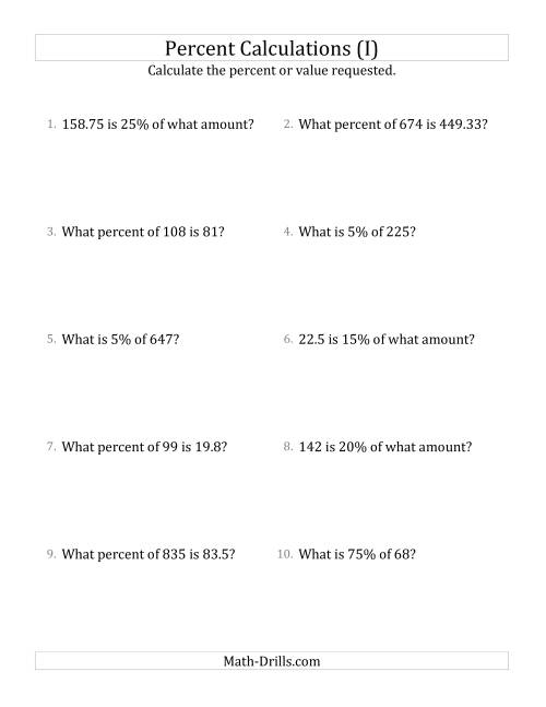 The Mixed Percent Problems with Decimal Amounts and Select Percents (I) Math Worksheet